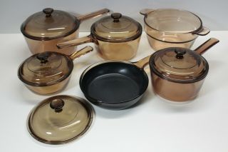Vintage Pyrex Vision Corning Ware Amber Glass Cookware 10 Piece Set Pots Pan Lid