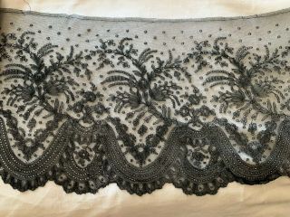 Antique French Wide Hand Made Silk Chantilly Lace Trim - Garlands Of Flowers