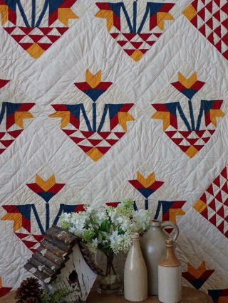 Folky Antique Red & Cheddar Carolina Lily QUILT 76x71 2