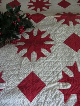 Antique Turkey Red & White " Gold Fish Block Diamond " Hand Quilted Quilt Ca1900s