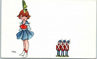 Vintage Artist Signed " Mh " Postcard Girl W/ Toy Soldiers Paul Heckscher C1910s