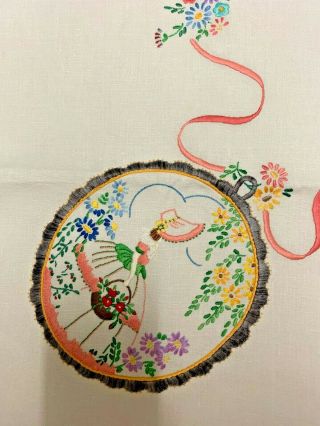 Vintage/antique Linen Hand Embroidered Tablecloth - Crinoline Ladies