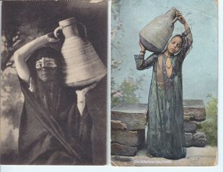 Egypt Native Water Carrier Women And Girl - 2 X Vintage Postcards - 1920