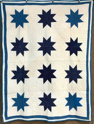 Indigo Blue C 1890 - 1900 Stars Quilt Antique Country Farmhouse