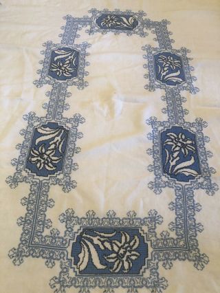 Vintage Art Deco C1928 French Hand Embroidered Linen Tablecloth Lilies 50”x 75”