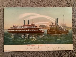 Vintage Postcard Of The York Fire Boat At Drill