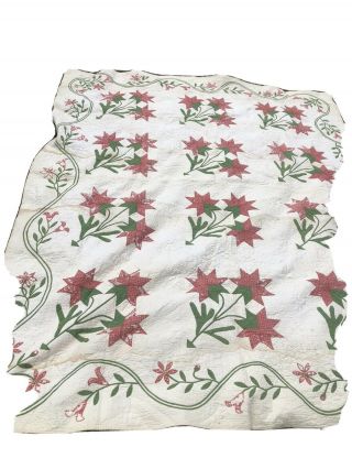 Early Antique Quilt With Appliqued Flowers In Red And Green