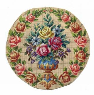 Antique Berlin Woolwork Hand Painted Chart Pattern Roses In Vase W Rose