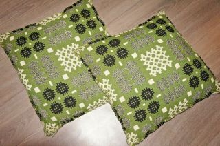 2 Vintage Welsh Wool Green Tapestry Fabric Pair Cushions