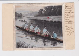 Stevengraph Silk Picture Postcard Neyret Freres Art Nouveau Boat Race