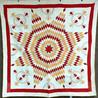 Turkey Red Cheddar Dated 1880 Pa Star Of Bethlehem Quilt Antique W Applique