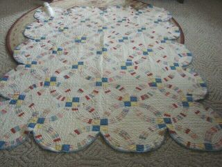 Antique 1920s,  30s Hand Made Cotton Tiny Stitched Wedding Ring Quilt 67 X 84