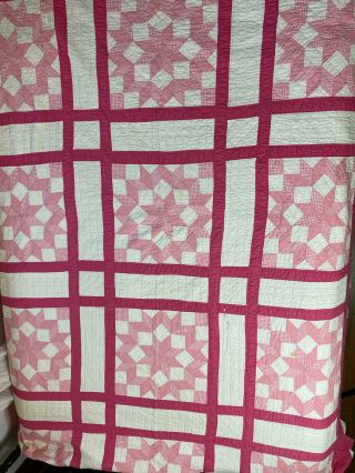 Vintage Handmade Hand Sewn Pink Star Quilt Early 1900s Approx 70” X 90”