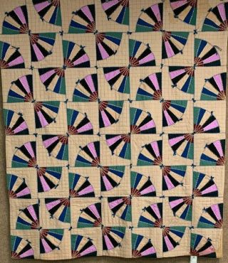 Pa Amish Mennonite C 1900s Fan Quilt Wools Checkerboard Double Sided