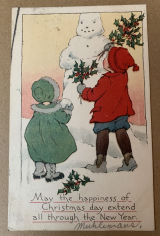 Vintage Postcard Happiness Of Christmas Extend Year Snowman Young Children