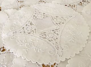 12 Vintage Hand Embroidered White Cut Work Linen Place Mats Tablecloths