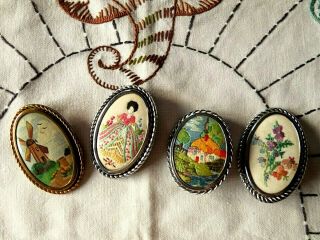 Vintage Hand Embroidered Brooches/ Crinoline Lady,  Cottage And Flowers