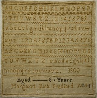Small Early 19th Century Alphabet Sampler By Margaret Rich Age 8 - June 1st 1800