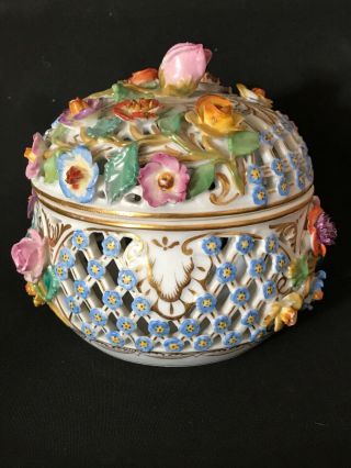 Vintage Meissen Porcelain Round Trinket Box W/lid & Flowers