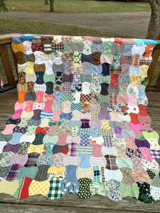 Vintage Hand Worked Cotton Quilt Top Feedsack Hand Stitched 72 X 94 To Finish