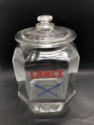 Vintage 11” Lance Cracker Cookie Glass Jar General Store Display Etched Lid