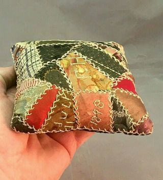 Fabulous Antique Crazy Quilt Pin Cushion Signed Dated