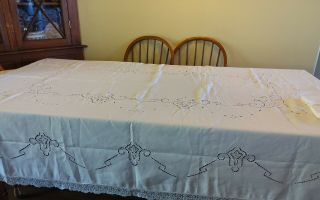 Vintage Linen Hand Embroidered Cutwork Needle Filet Lace Tablecloth 104x70,