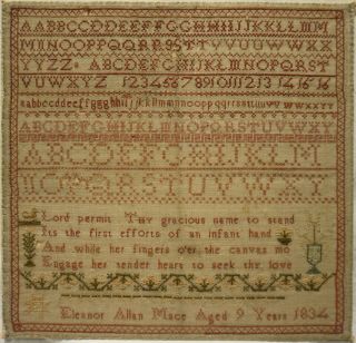 Early 19th Century Verse & Alphabet Sampler By Eleanor Allan Mace Aged 9 - 1834