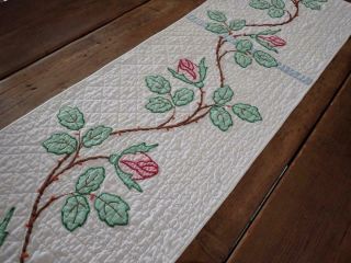 Glorious Lg Vintage Blue & White Applique Pink Roses Table Quilt Runner 60x12