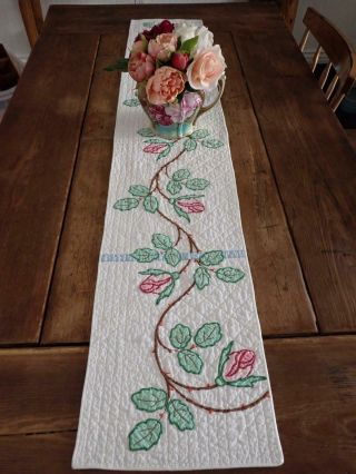 Glorious LG Vintage Blue & White Applique Pink Roses Table Quilt RUNNER 60x12 2