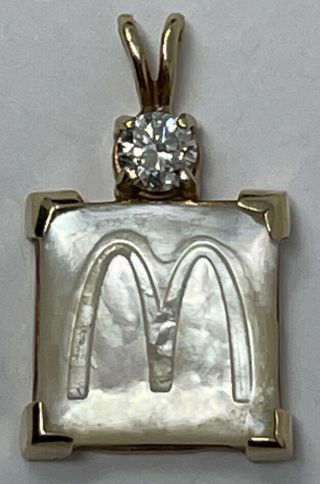 Vintage Mcdonalds 14k Yellow Gold Diamond Mother Of Pearl Company Pendant