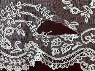 19th C.  Brussels bobbin lace deep flounce length - floral applique COSTUME 3