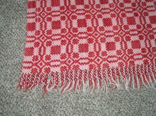 Antique Colonial Wool Red Primitive Coverlet Throw Hand Woven Jacquard Blanket