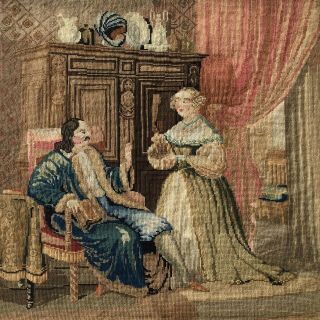 Antique Victorian Petit Point & Needlepoint Tapestry Woman & Man Hot Toddy Drink
