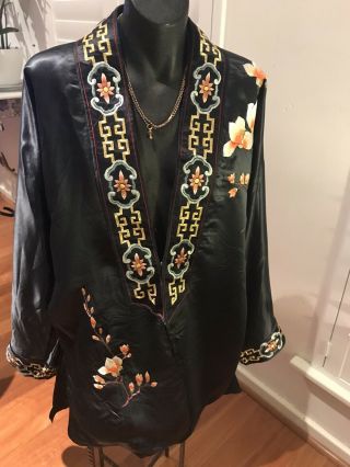 Vintage Antique Black Chinese Silk Embroidered Jacket Robe
