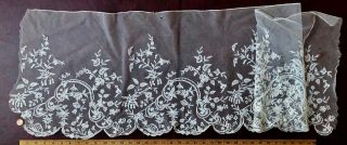 19th C.  Brussels bobbin lace applique deep flounce scrolling ribbon and flowers 2