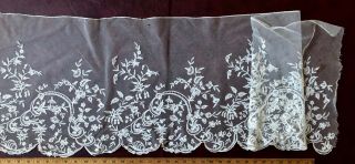 19th C.  Brussels bobbin lace applique deep flounce scrolling ribbon and flowers 3