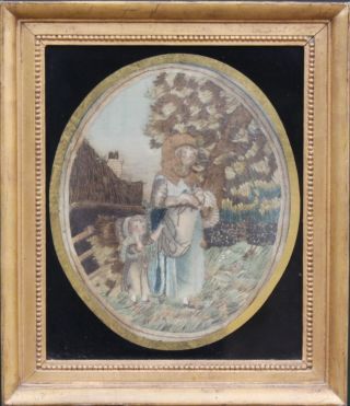 Antique 18th Century Needlework Silk Picture Of A Mother & Child Sampler.