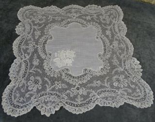 Antique French Large Hand Embroidered Brussels Bobbin Lace Handkerchief