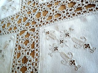 Antique Vtg Linen Italian Needle Lace Embroidered Ecru Tablecloth 114 " By 67 "