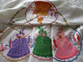 Vintage Hand Embroidered Linen Tablecloth - Outstanding Crinoline Ladies & Florals