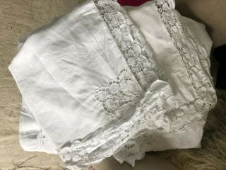 Vintage French Embroidered Linen Sheet With 2 X Shams With 