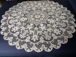 Vintage Italian Point De Venise Lace Hand Worked Large Round Table Cloth