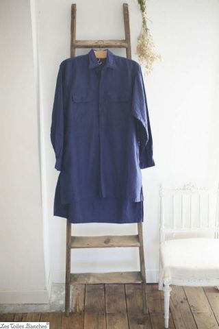 Vintage LONG French rustic shirt smock INDIGO WORK WEAR c 1950 2