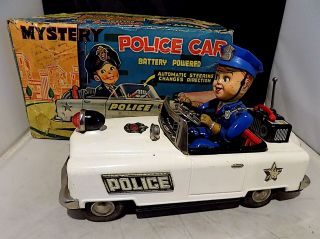 Vintage Tin Battery - Operated Mystery Action Police Car,  Nomura Toys,  Japan Gib