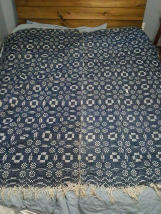Early Antique Indigo Blue/white Jacquard Coverlet Blanket 2 Panel Dble Weave