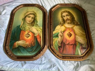 Vintage Matching Sacred Heart Of Jesus And Mary Framed Print Art 14x22 Inches
