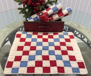 Vintage Antique Red White And Blue Table Runner Doll Quilt 16 X 12 3/4