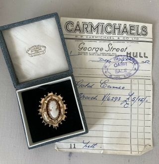 Antique,  Victorian Solid 9ct Gold Cameo Brooch With Vintage Box And Receipt