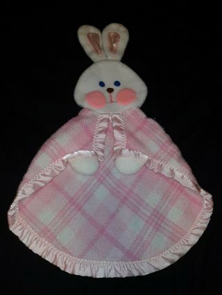 Fisher Price 1979 Vintage Pink White Plaid Bunny Rabbit Lovey Security Blanket